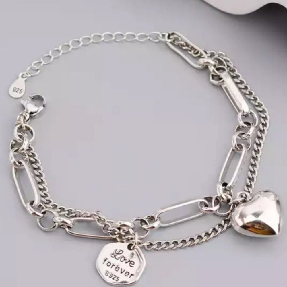 Sterling Silver Heart Love Chain Link Multilayer Bracelet - Picture 2 of 4